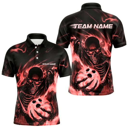 Goofygear Black And Red Flame Skull Custom Bowling Polo Shirts For Men, Skeleton Bowling Team Shirt