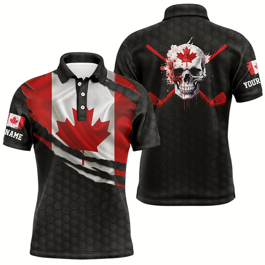 Goofygear 3D Canada Flag Skull Mens Golf Polo Shirts Personalized Patriotic Golf Shirts For Men