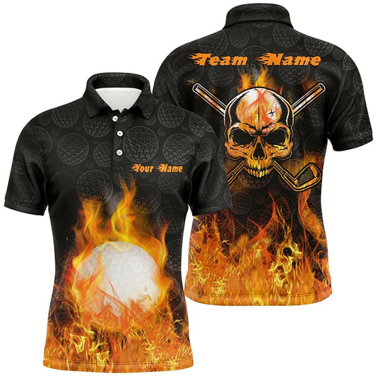 Goofygear Fire Flame Golf Ball Mens Polo Shirt Custom Orange Skull Golf Shirts For Men Best Golf Gifts