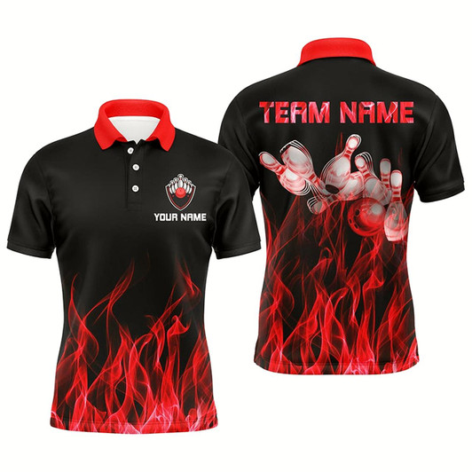 Goofygear Personalized Men Polo Bowling Shirt Red Flame Bowling Ball And Pins Bowling Jerseys For Men Bowler