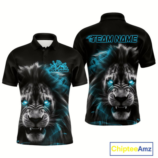 Goofygear Custom Black And Blue Lion Bowling Polo Team Shirts For Men, Lion Bowling Jerseys