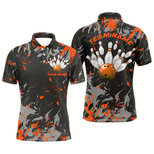 Goofygear Black And Orange Camo Bowling Team Shirts Custom Men Polo Shirts Bowling League Shirts