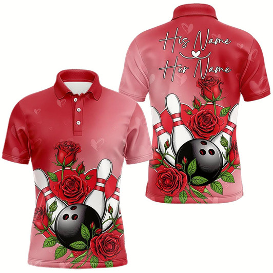 Goofygear Custom Valentine Bowling Polo Shirts For Men, Bowling And Red Roses Couple Bowling Outfits