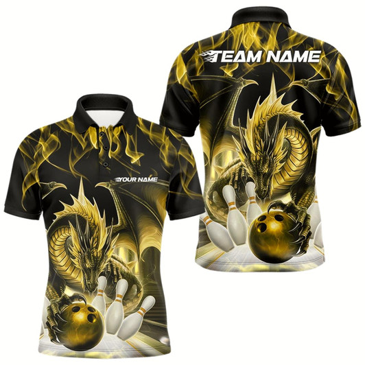 Goofygear Custom Yellow Flame Dragon Bowling Polo Shirts For Men, Dragon Bowling Team Jerseys