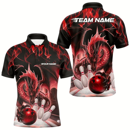 Goofygear Custom Red Flame Dragon Bowling Polo Shirts For Men, Dragon Bowling Team Jerseys