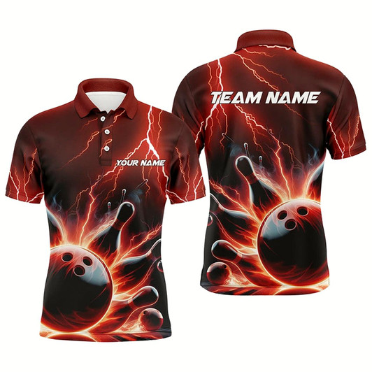 Goofygear Custom Men Bowling Polo Shirts Red Thunder Lightning Bowling Strike Bowling Team Shirts