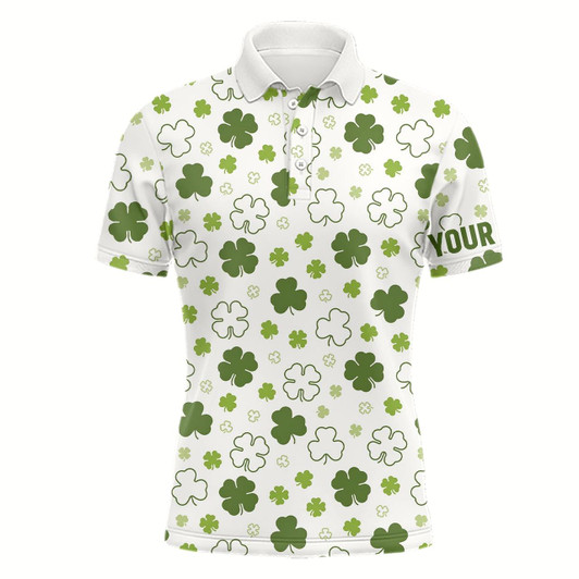 Goofygear White Green Clover St Patrick Day Mens Golf Polo Shirts Custom Golf Shirts For Men Golfing Gifts