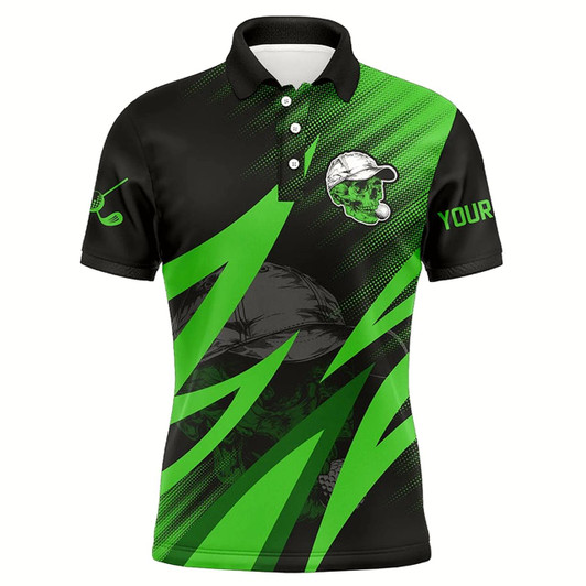 Goofygear Black And Green Golf Skull Mens Golf Polo Shirt Custom Golf Outfits Men, Cool Golf Gifts