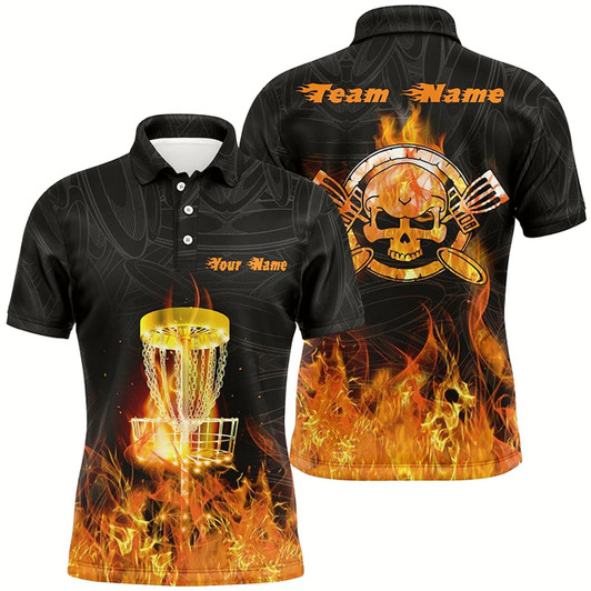 Goofygear Fire Flame Disc Golf Mens Polo Shirt Custom Orange Skull Disc Golf Shirts For Men Golf Gifts