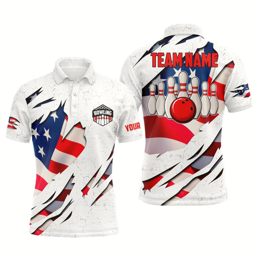 Goofygear Custom Bowling Shirts For Men American Flag Patriotic Bowling Ball & Pins White Mens Polo Shirts