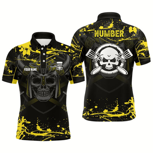 Goofygear Mens Skull Disc Golf Polo Shirt Custom Yellow Golf Shirt With Skull Disc Golf Tops For Men Golf Gifts
