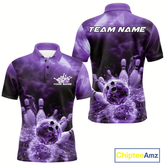 Goofygear Custom Purple Thunder Lightning Bowling Team Men Polo Shirts, Bowling Jerseys Style 1