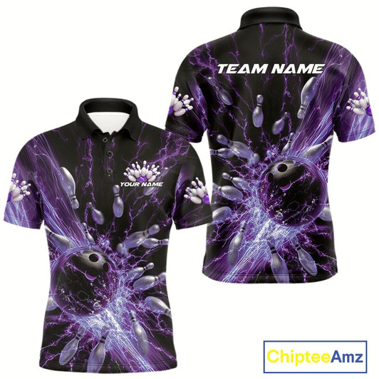 Goofygear Custom Purple Thunder Lightning Bowling Team Men Polo Shirts, Bowling Jerseys Style 2