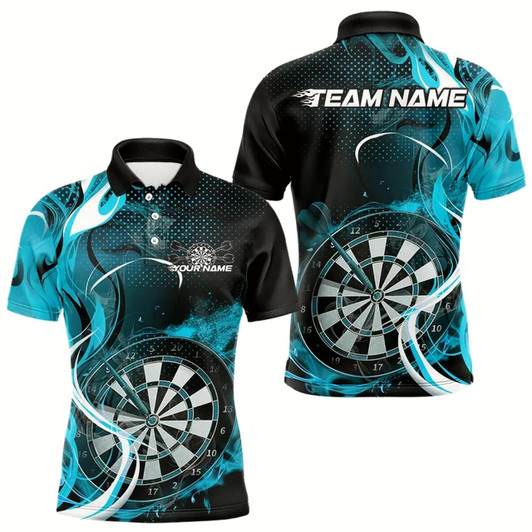 Goofygear Custom Black And Blue Flame Dart Team Polo Shirts For Men, Dart Tournament Shirts