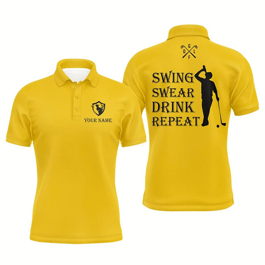 Goofygear Funny Mens Golf Polos Shirt Custom Swing Swear Drink Repeat, Team Golf Shirts For Men Yellow