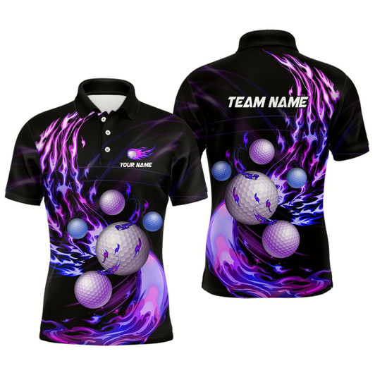 Goofygear Purple Flame Golf Ball Black Men Golf Polo Shirt Custom Golf Tops For Men Personalized Golf Gifts
