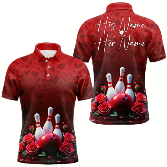 Goofygear Red Heart Theme Custom Valentines Bowling Polo Shirt For Men, Couple Bowling Outfits