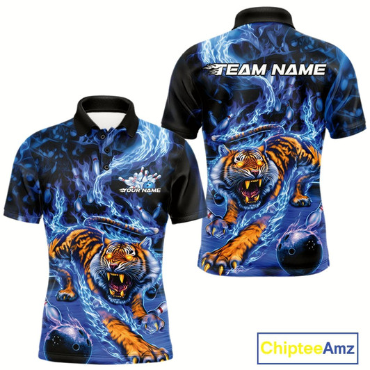 Goofygear Custom Blue Fire Flame Tiger Bowling Team Polo Shirts For Men, Tiger Bowling Jerseys Style 1