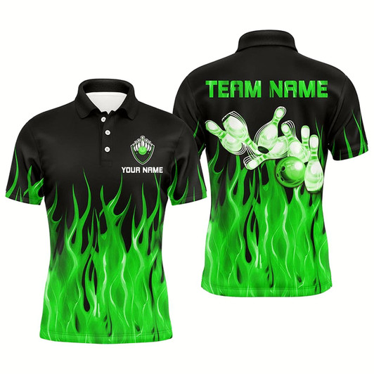 Goofygear Personalized Men Polo Bowling Shirt Green Flame Bowling Ball Pins Bowling Jerseys For Men Bowler