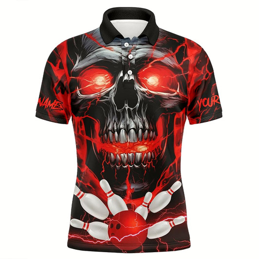 Goofygear Custom Red Thunder Lightning Skull Bowling Team Jerseys Men Polo Shirts Bowling League Shirts
