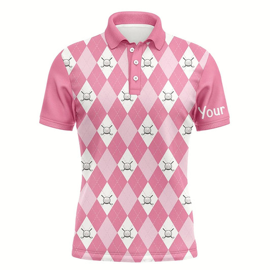 Goofygear Pink Argyle Plaid Pattern Mens Golf Polos Shirts Custom Golf Shirts For Men, Personalized Golf Gifts
