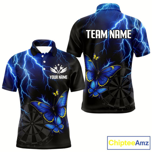 Goofygear Custom Men Polo Darts Shirt With Navy Lightning & Glowing Butterfly, Darts Jersey Style 1
