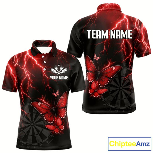 Goofygear Custom Men Polo Darts Shirt With Maroon Lightning & Glowing Butterfly, Darts Jersey Style 1