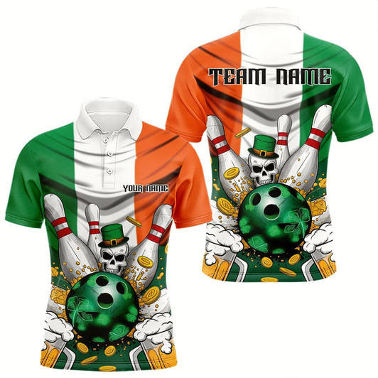Goofygear Custom Irish Flag St Patricks Day Bowling Polo Team Shirts For Men, Skull Leprechaun Bowling Style 1