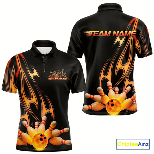 Goofygear Custom Flame Bowling Team Polo Shirts For Men, Bowling Tournament Team Outfit