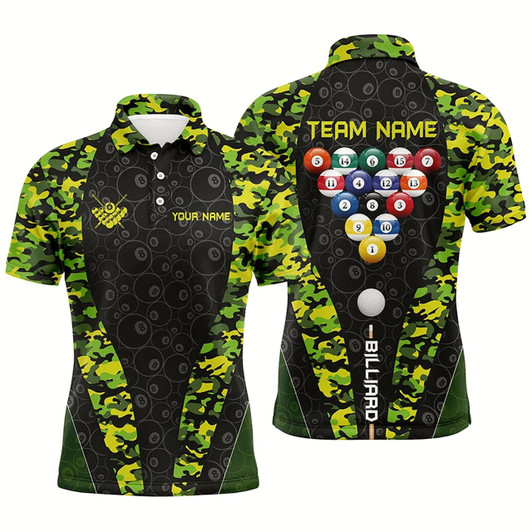 Goofygear Personalized Billiard Balls Camo Pattern Men Polo Shirts Custom 8 Ball Team Shirts, Billiard Attire