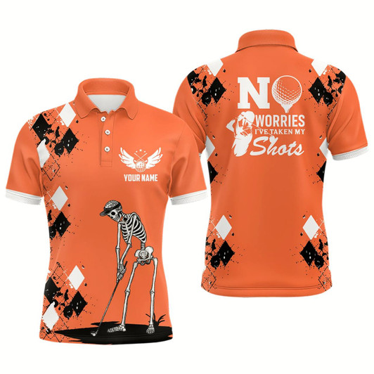 Goofygear Mens Skull Golf Polo Shirt Argyle Pattern Orange Golf Shirts For Mens Halloween Golf Gifts