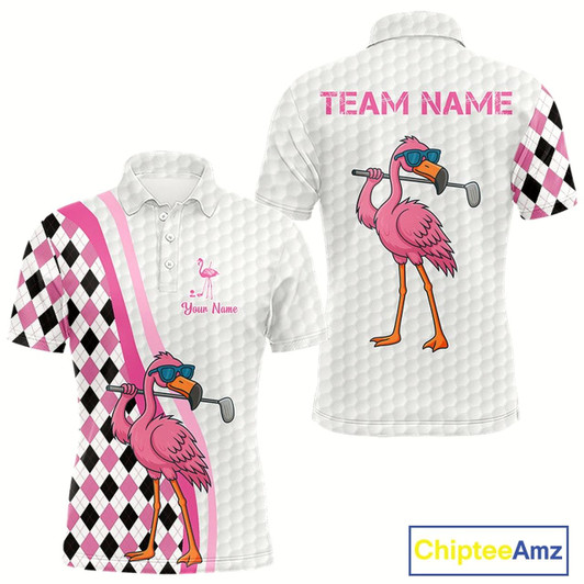 Goofygear Funny Mens Golf Polo Shirt Custom Pink And Black Argyle Pattern Flamingo White Golf Shirts
