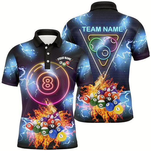 Goofygear Personalized Billiard Ball 8 Neon Light Printing 3D Polo Shirts For Men, Custom Billiards Shirts Style 2