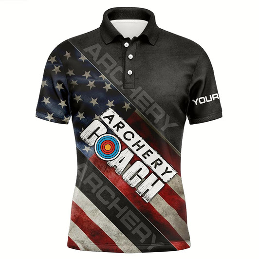 Goofygear Personalized Retro American Flag Archery Coach Polo Shirts For Men, Custom 3D Target Archery Shirts