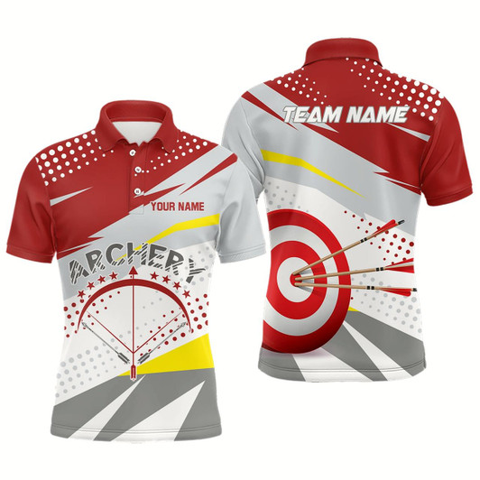 Goofygear Personalized Grey Red 3D Target Archery Polo Shirts For Men, Custom Bow Archery Team Shirts
