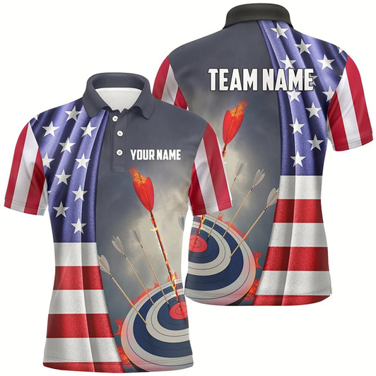Goofygear Personalized Us Flag Patriotic Archery Polo Shirts For Men, Flaming Arrow 3D Target Archery Shirts