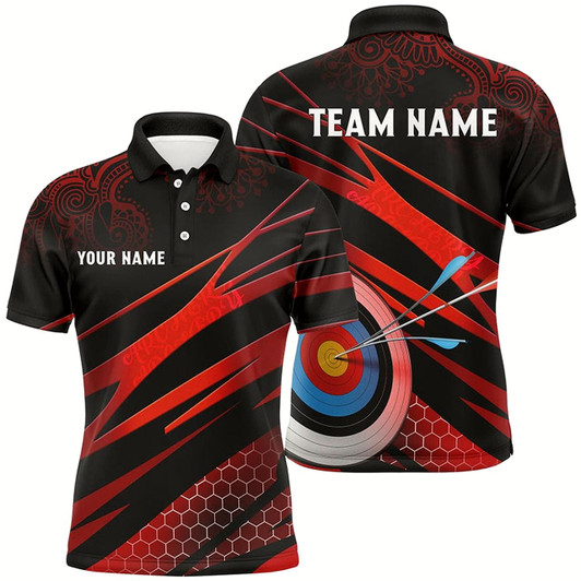 Goofygear Personalized Red Black 3D Target Archery Polo Shirts For Men, Custom Tribal Pattern Archery Shirts
