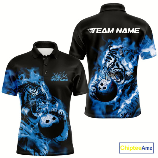 Goofygear Custom Blue Fire Flame Tiger Bowling Jerseys, Bowling Team Men Polo Shirts