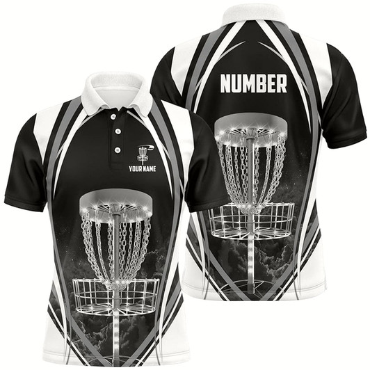Goofygear Black And White Mens Disc Golf Polo Shirts Customized Disc Golf Shirts For Men, Cool Golf Gifts