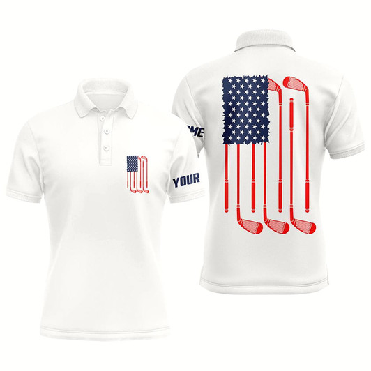 Goofygear Mens Golf Polo Shirts American Flag Golf Clubs Custom Patriotic White Mens Golf Shirt, Golf Gifts