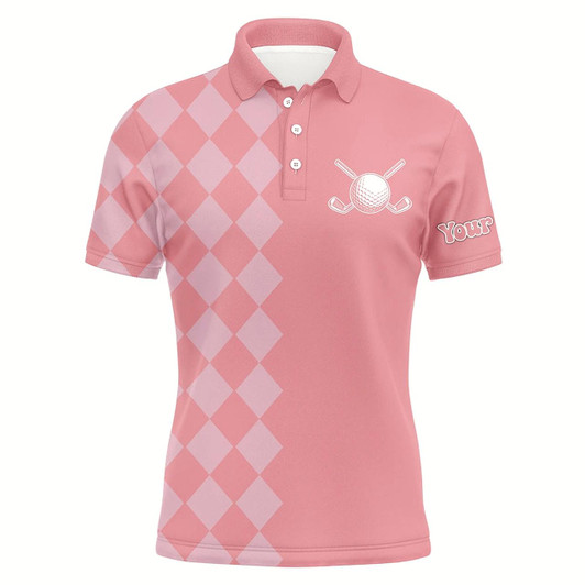 Goofygear Pink Argyle Pattern Mens Golf Polo Shirts Custom Golf Tops For Men, Cool Golf Gifts