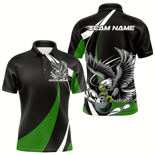 Goofygear Custom Black And Green Eagle Bowling Men Polo Shirts, Eagle Bowling Team Jerseys