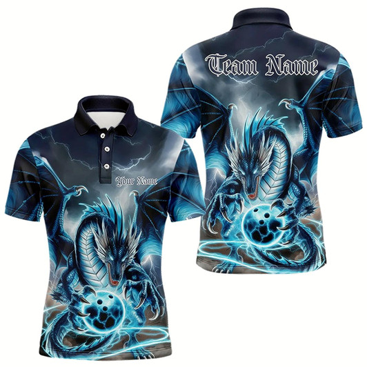 Goofygear Blue Thunder Lightning Custom Dragon Bowling Polo Shirts For Men, Bowling Team Uniform Style 1