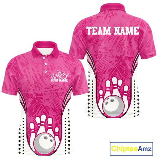 Goofygear Custom Pink Camo Bowling Team Polo Shirts For Men, Bowling Jerseys Bowler Outfit