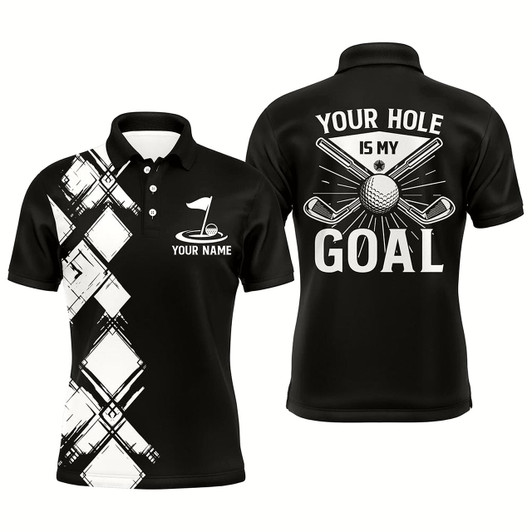 Goofygear Black And White Argyle Pattern Men Golf Polo Shirts Custom Golf Outfits Men Your Hole Is My Goal