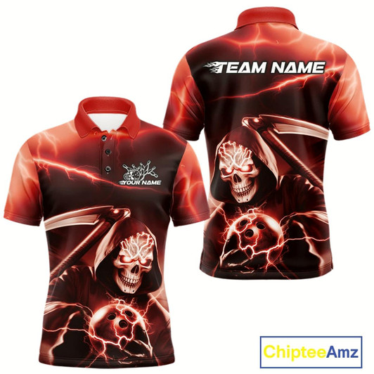 Goofygear Custom Red Lightning Grim Reaper Bowling Polo Shirts For Men, Halloween Bowling Jerseys