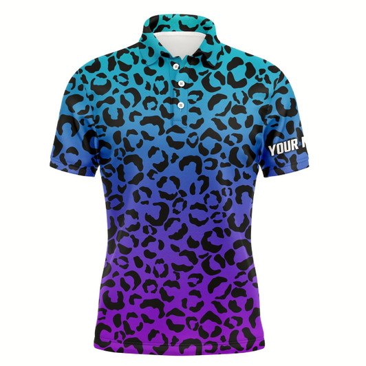 Goofygear Mens Golf Polo Shirts Blue Purple Neon Leopard Pattern Golf Shirt Custom Name Golf Wear For Mens