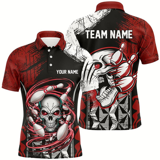 Goofygear Red And Black Custom Skull Bowling Shirts, Short Sleeve Bowling Polo Shirts For Men Bowling Uniform