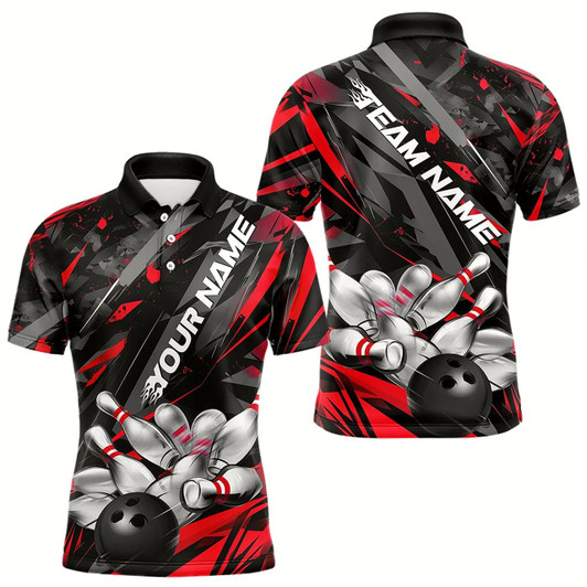 Goofygear Custom Black And Red Bowling Polo Shirts For Men, Bowling Tournament Team Uniform