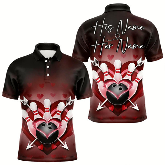 Goofygear Custom Valentine Bowling Heart And Arrow Polo Shirts For Men, Couple Bowling Outfits